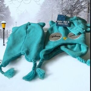 Girls hat & glove set OWL 🦉 blue big eyes NWT